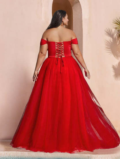 Off-the-shoulder Sleeveless Plus Size Ball Gown with Ruffles Side Split and Floor-Length Design