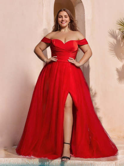 Off-the-shoulder Sleeveless Plus Size Ball Gown with Ruffles Side Split and Floor-Length Design