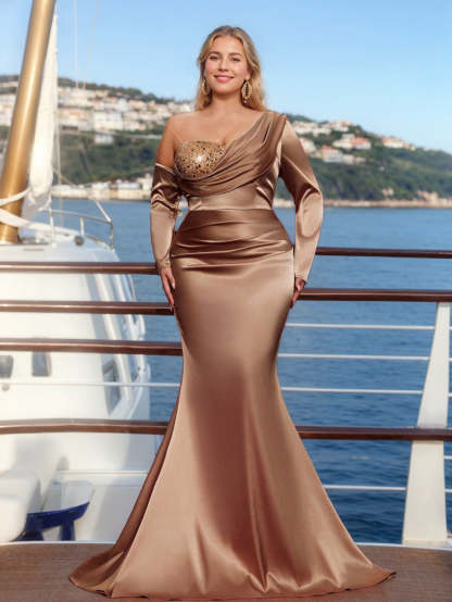 One-Shoulder Mermaid Trumpet Prom Dress with Long Sleeves Sequins and Ruffles in Plus Size Floor-Length-BMbridal.UK