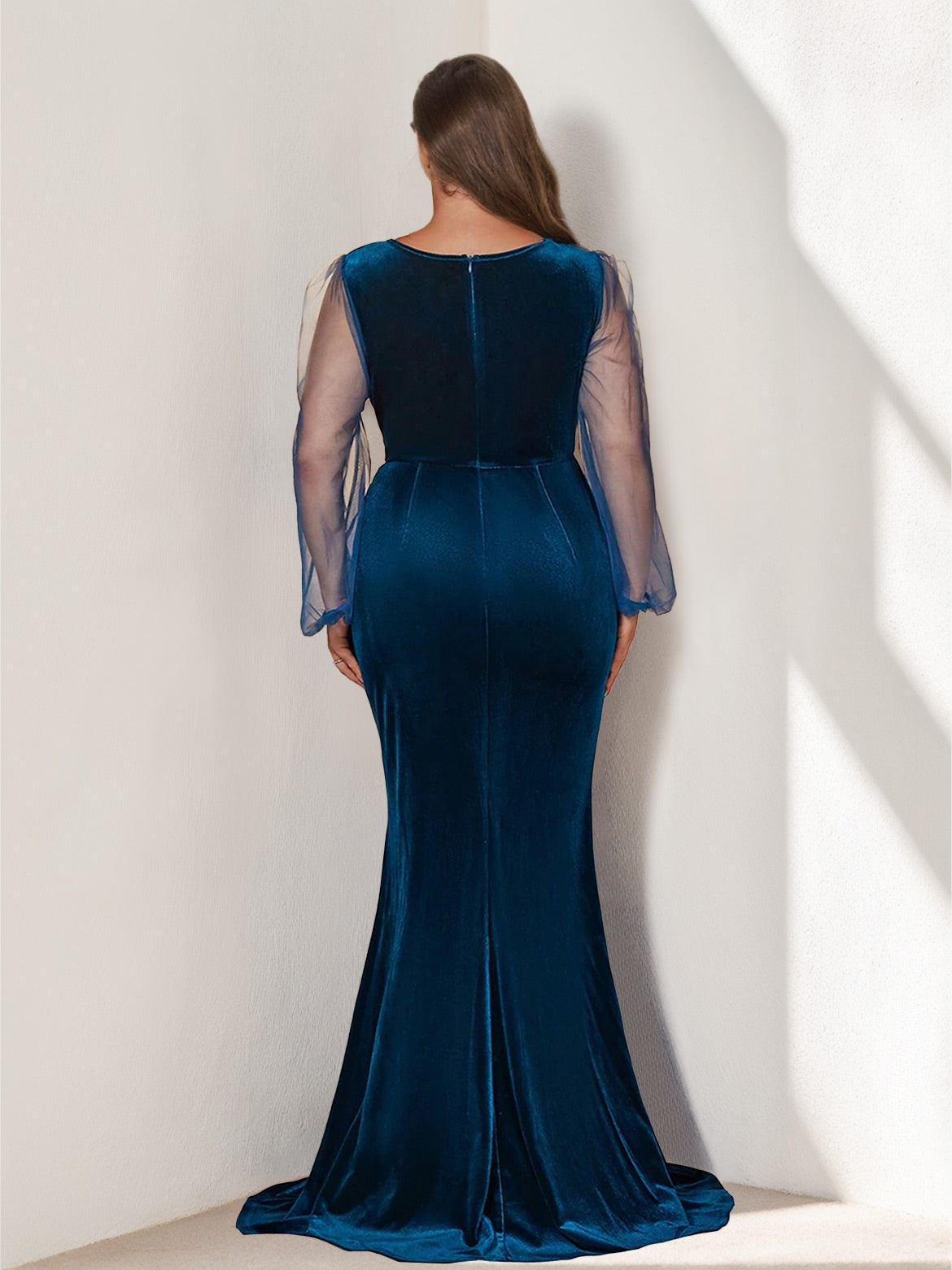 V-Neck Floor-Length Plus Size Prom Dress with Long Sleeves