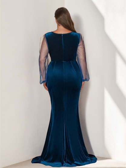 V-Neck Floor-Length Plus Size Prom Dress with Long Sleeves