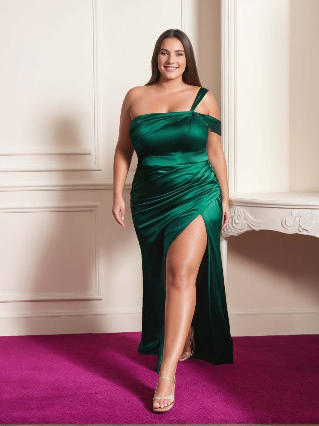 One-Shoulder Sleeveless Plus Size Prom Dress with Side Split and Ruffles