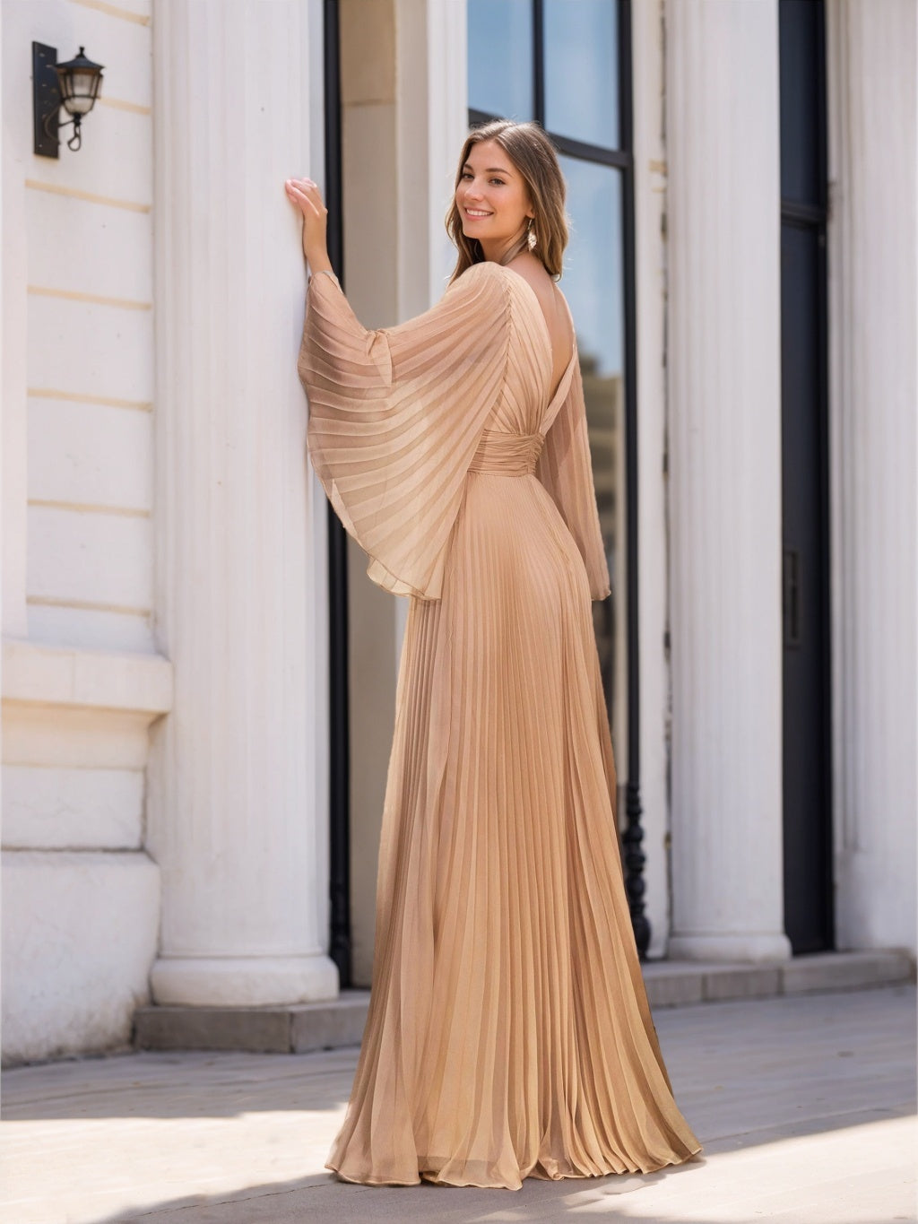 Plus Size Floor-Length A-Line Prom Dress With Deep V-Neck and Ruffled Long Sleeves