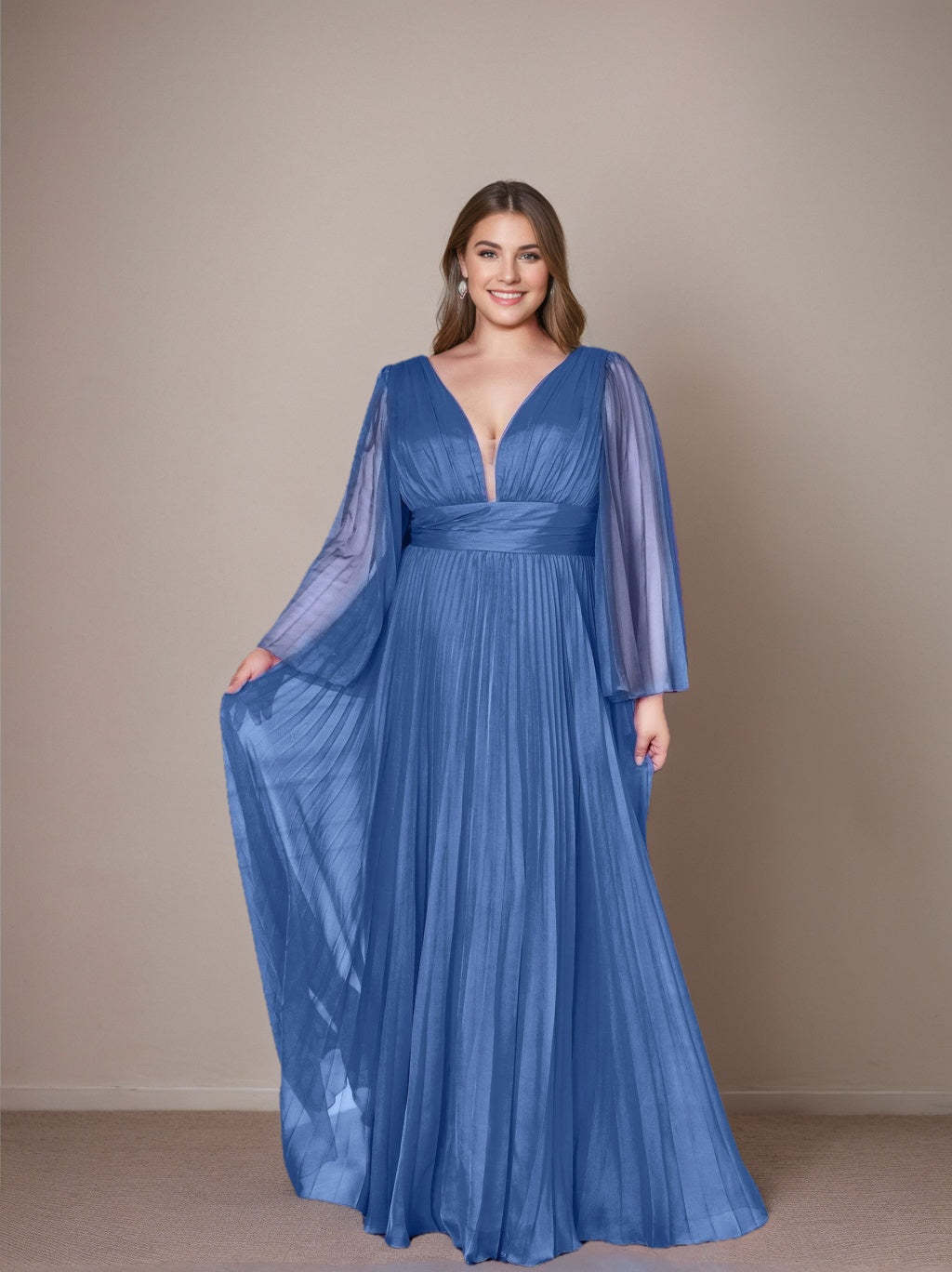 Plus Size Floor-Length A-Line Prom Dress With Deep V-Neck and Ruffled Long Sleeves