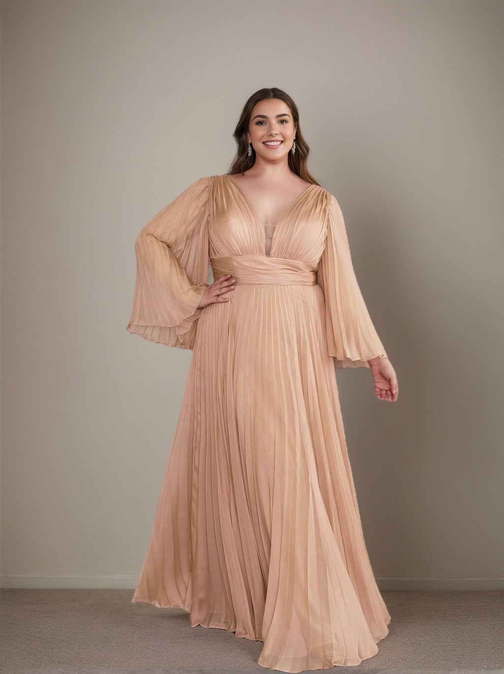 Plus Size Floor-Length A-Line Prom Dress With Deep V-Neck and Ruffled Long Sleeves