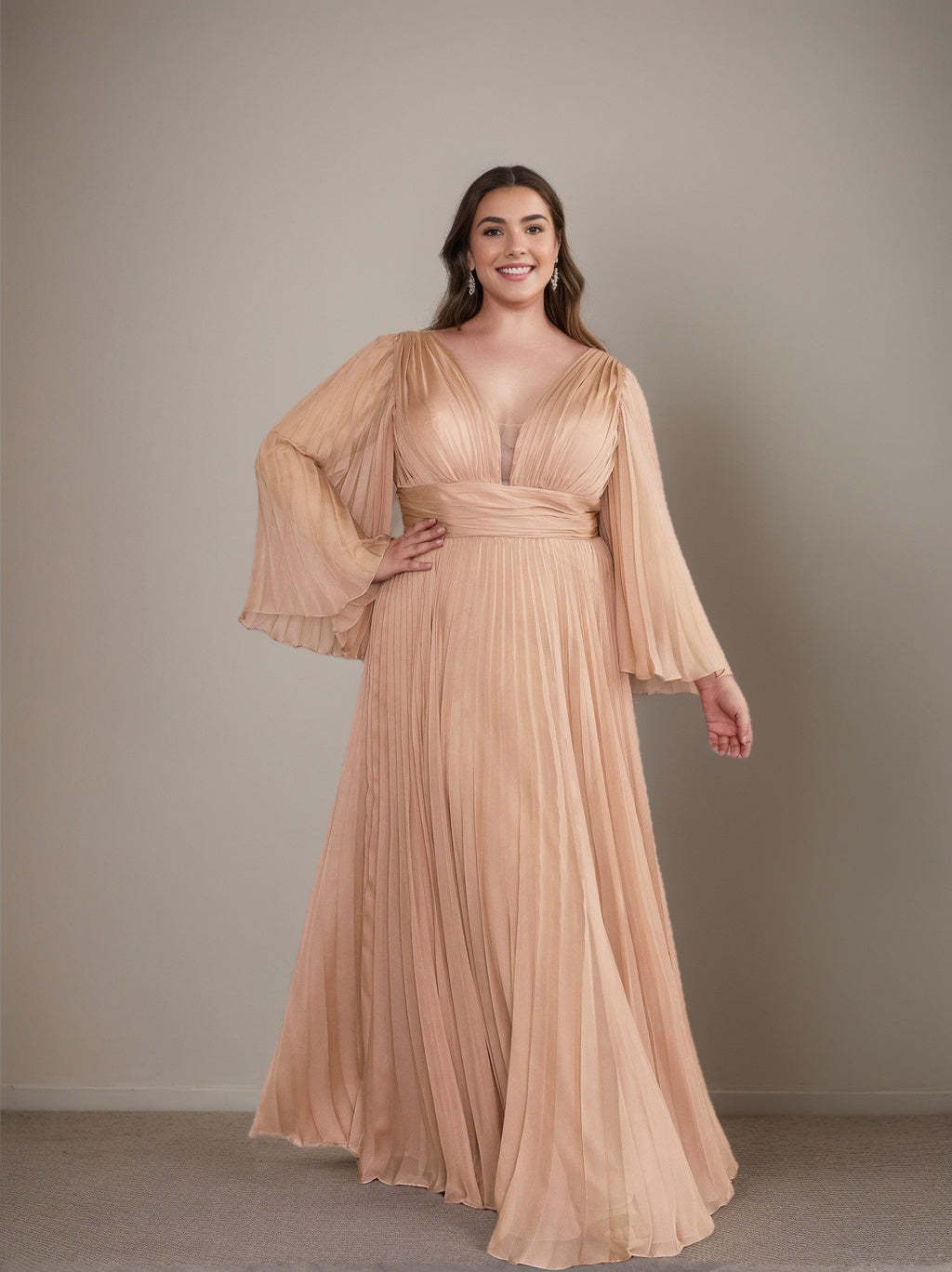 Plus Size Floor-Length A-Line Prom Dress With Deep V-Neck and Ruffled Long Sleeves