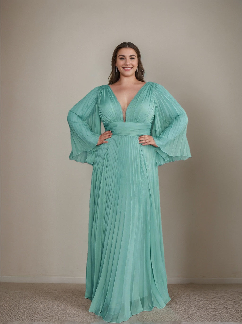 Plus Size Floor-Length A-Line Prom Dress With Deep V-Neck and Ruffled Long Sleeves