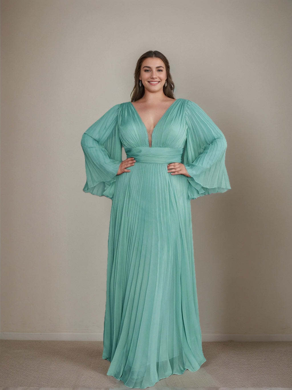Plus Size Floor-Length A-Line Prom Dress With Deep V-Neck and Ruffled Long Sleeves