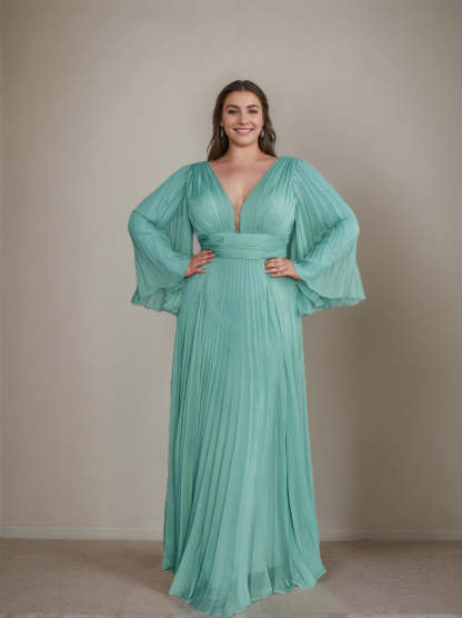 Plus Size Floor-Length A-Line Prom Dress With Deep V-Neck and Ruffled Long Sleeves