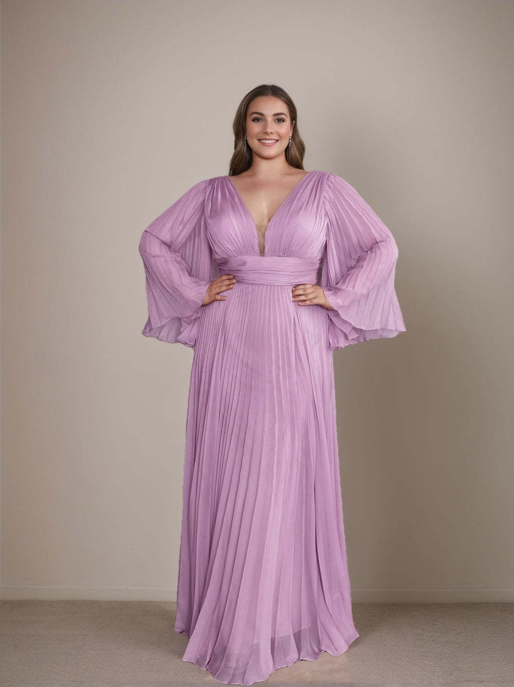 Plus Size Floor-Length A-Line Prom Dress With Deep V-Neck and Ruffled Long Sleeves