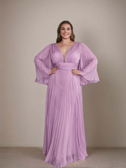 Plus Size Floor-Length A-Line Prom Dress With Deep V-Neck and Ruffled Long Sleeves