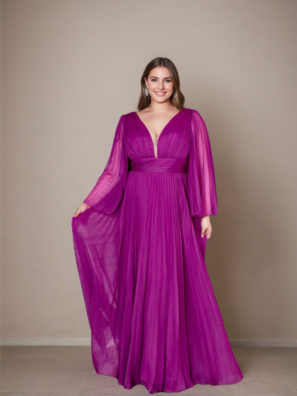 Plus Size Floor-Length A-Line Prom Dress With Deep V-Neck and Ruffled Long Sleeves