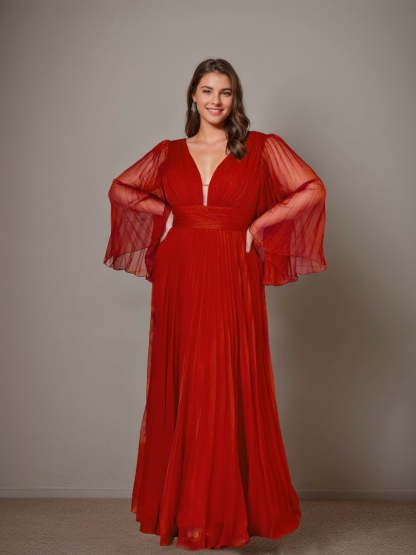 Plus Size Floor-Length A-Line Prom Dress With Deep V-Neck and Ruffled Long Sleeves