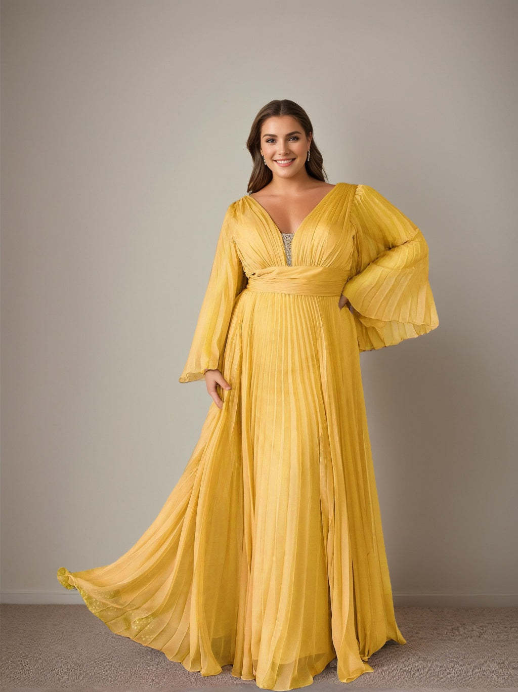 Plus Size Floor-Length A-Line Prom Dress With Deep V-Neck and Ruffled Long Sleeves