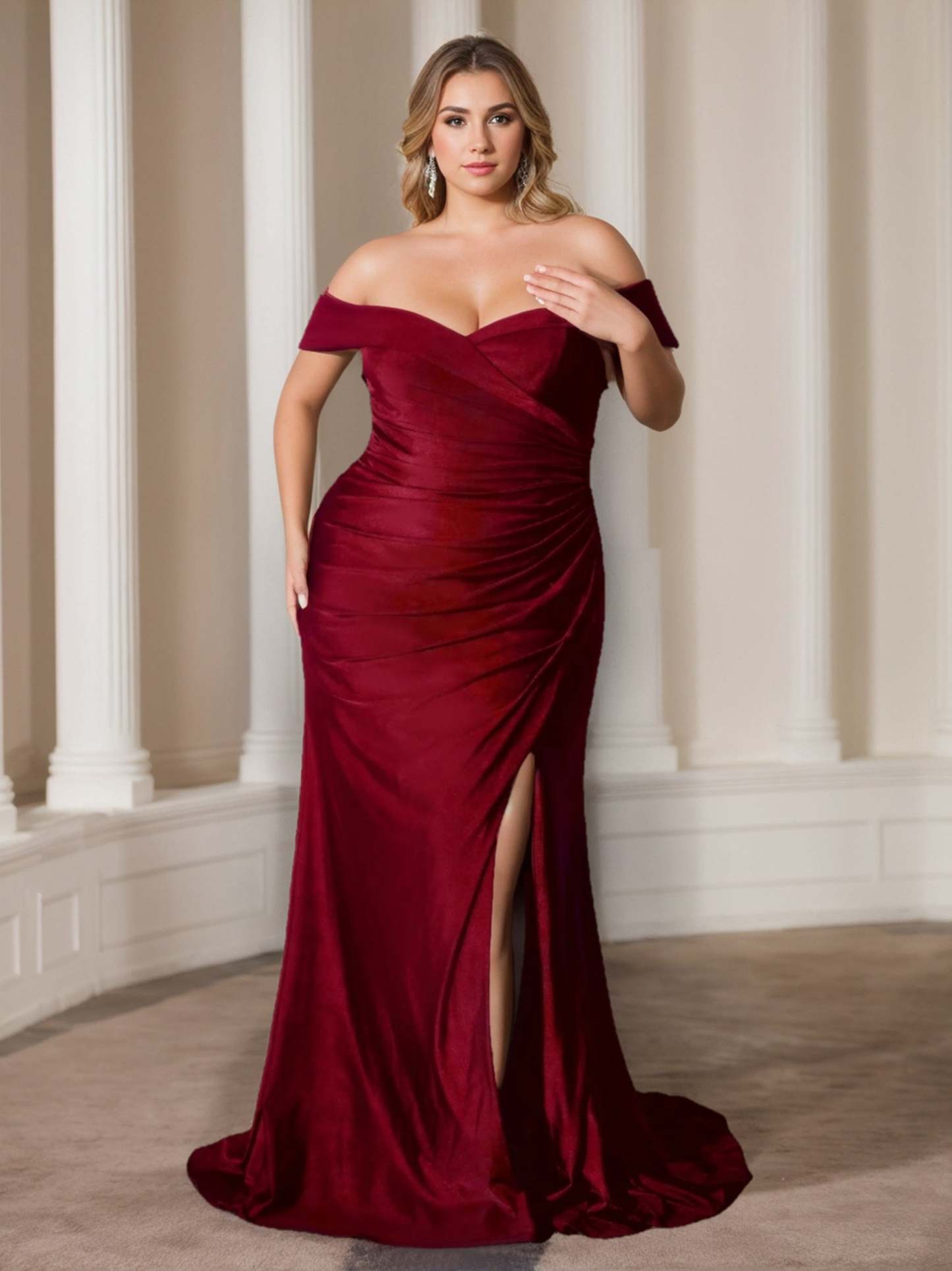 Off-the-Shoulder Ruffled Plus Size Prom Dress with Floor-Length Sheath/Column Design
