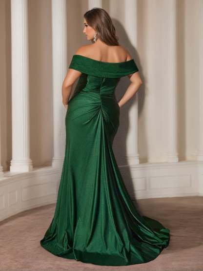Off-the-Shoulder Ruffled Plus Size Prom Dress with Floor-Length Sheath/Column Design