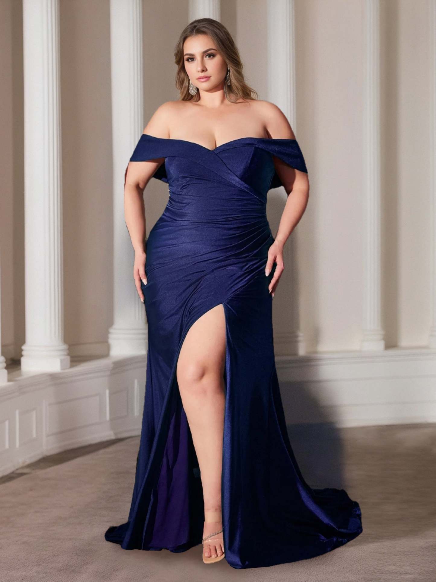 Off-the-Shoulder Ruffled Plus Size Prom Dress with Floor-Length Sheath/Column Design