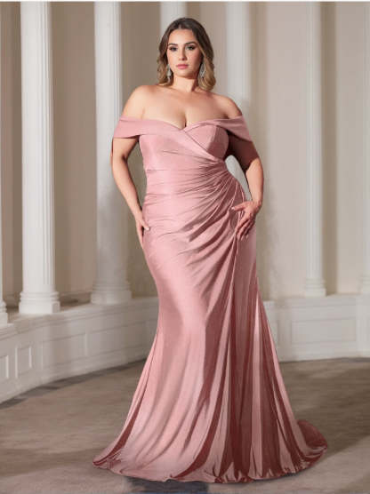 Off-the-Shoulder Ruffled Plus Size Prom Dress with Floor-Length Sheath/Column Design