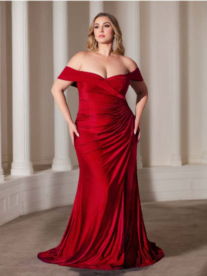 Off-the-Shoulder Ruffled Plus Size Prom Dress with Floor-Length Sheath/Column Design