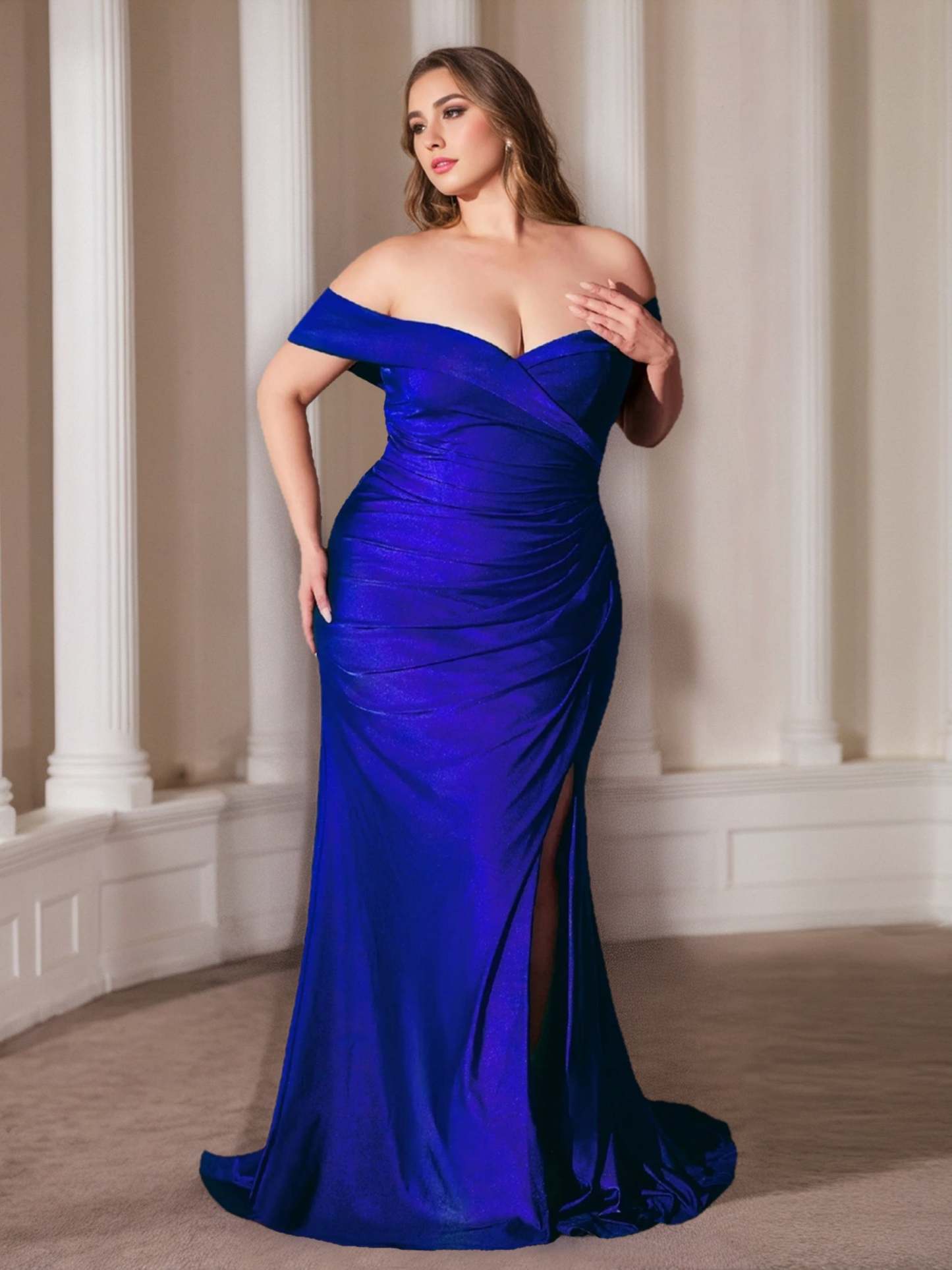 Off-the-Shoulder Ruffled Plus Size Prom Dress with Floor-Length Sheath/Column Design
