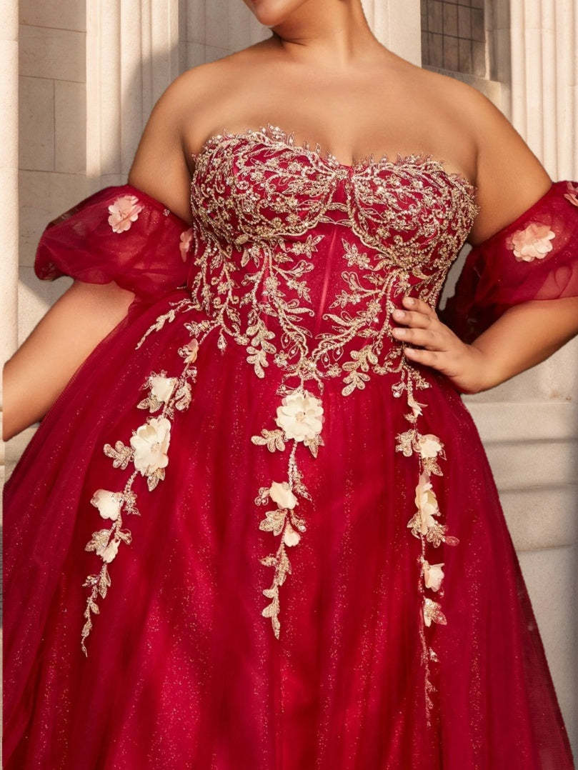 Plus Size Strapless Sleeveless Tulle Ball Gown with Sequins and Appliques in Floor-Length