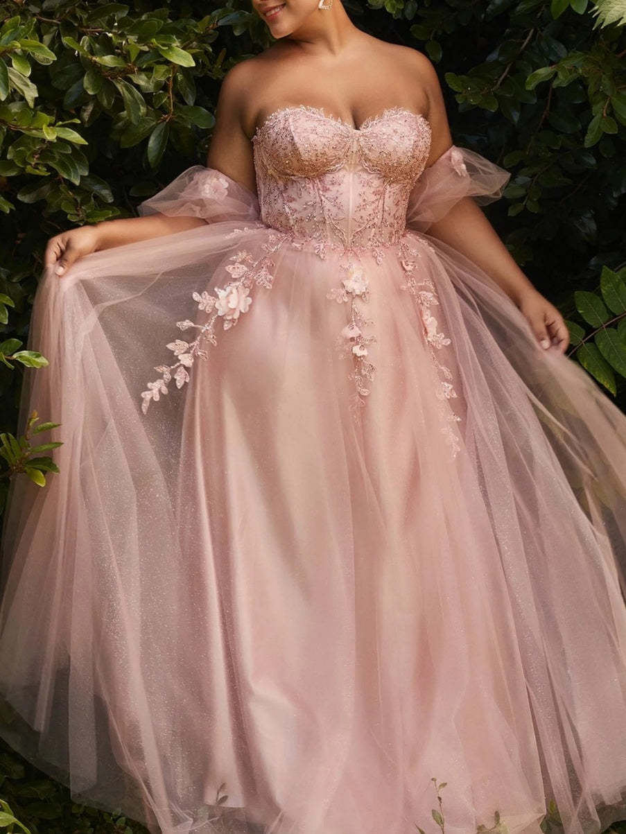 Plus Size Strapless Sleeveless Tulle Ball Gown with Sequins and Appliques in Floor-Length