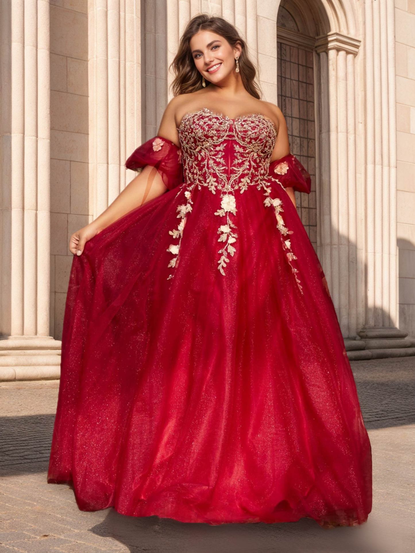 Plus Size Strapless Sleeveless Tulle Ball Gown with Sequins and Appliques in Floor-Length
