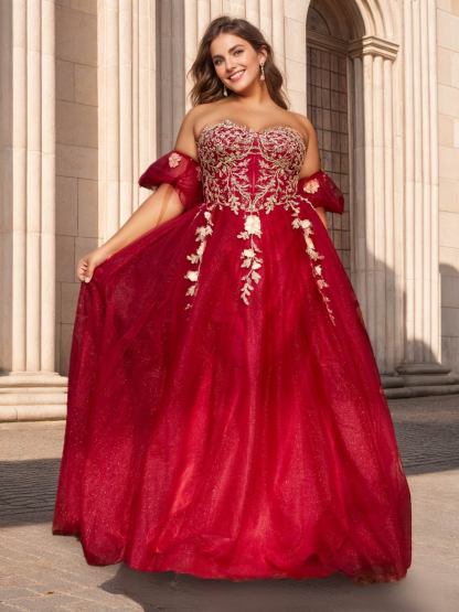 Plus Size Strapless Sleeveless Tulle Ball Gown with Sequins and Appliques in Floor-Length