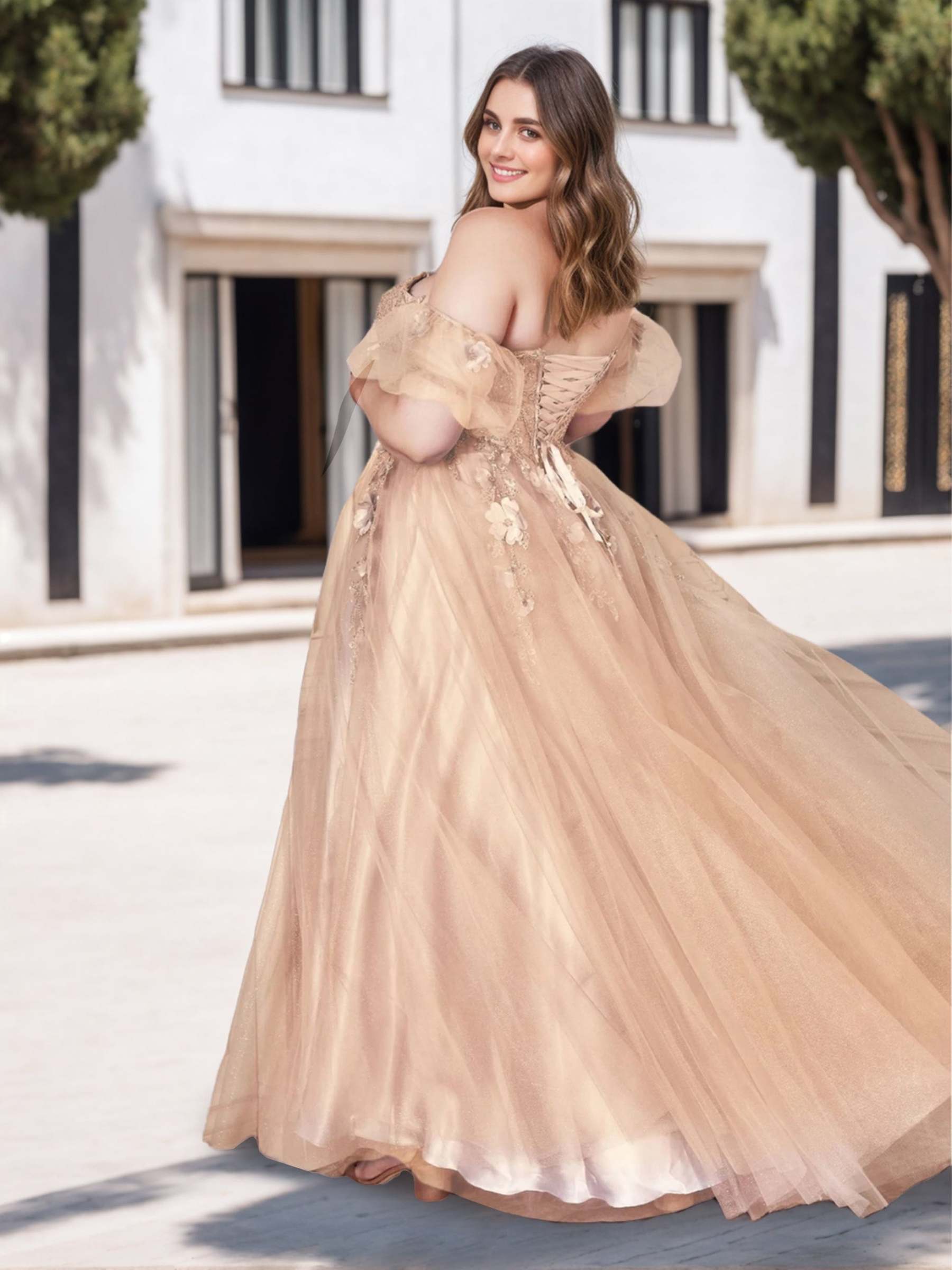 Plus Size Strapless Sleeveless Tulle Ball Gown with Sequins and Appliques in Floor-Length