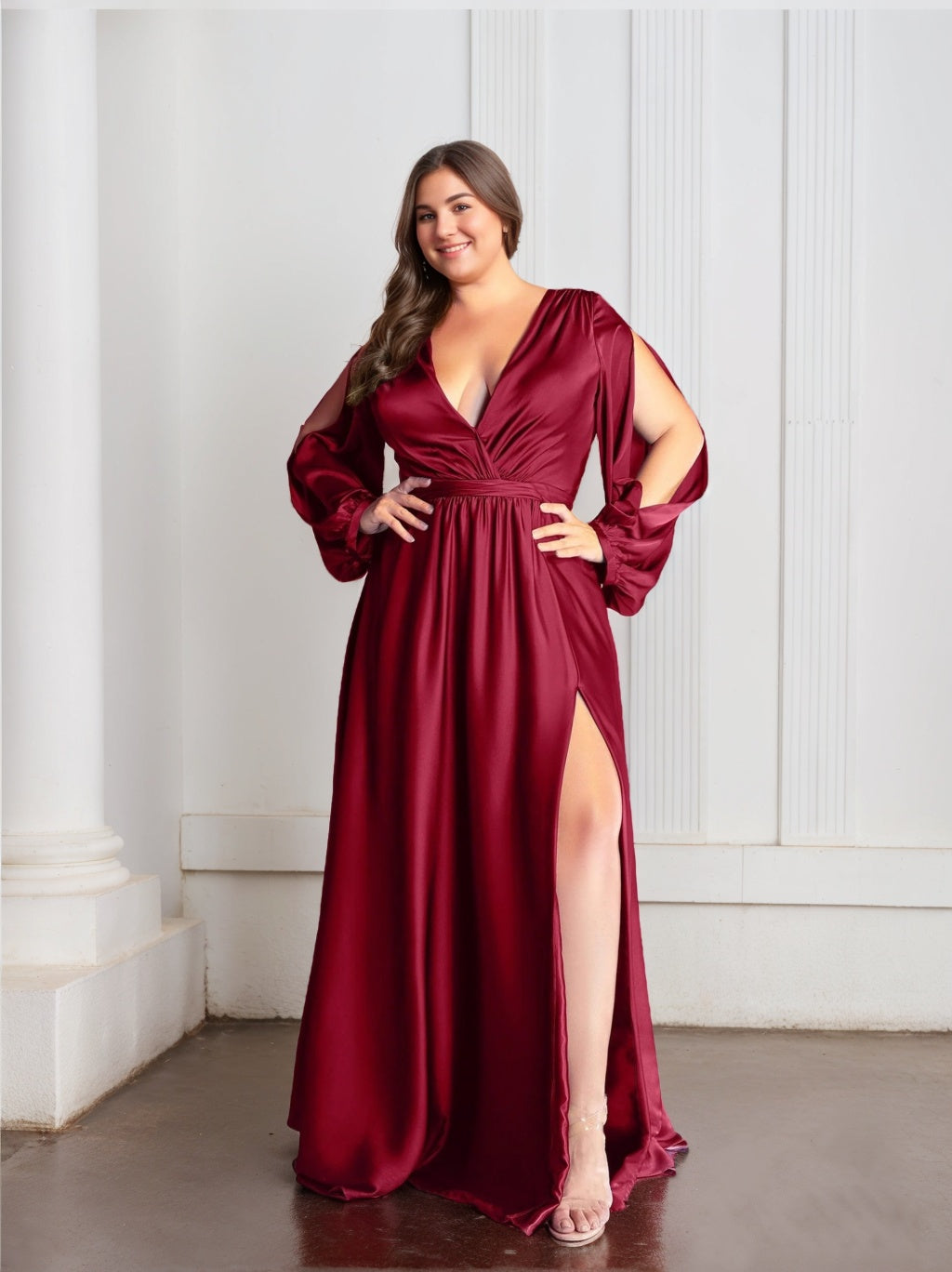 Princess A-Line Floor-Length Plus Size Prom Dress with Deep V-Neck Long Sleeves Ruffles and Side Split-BMbridal.UK