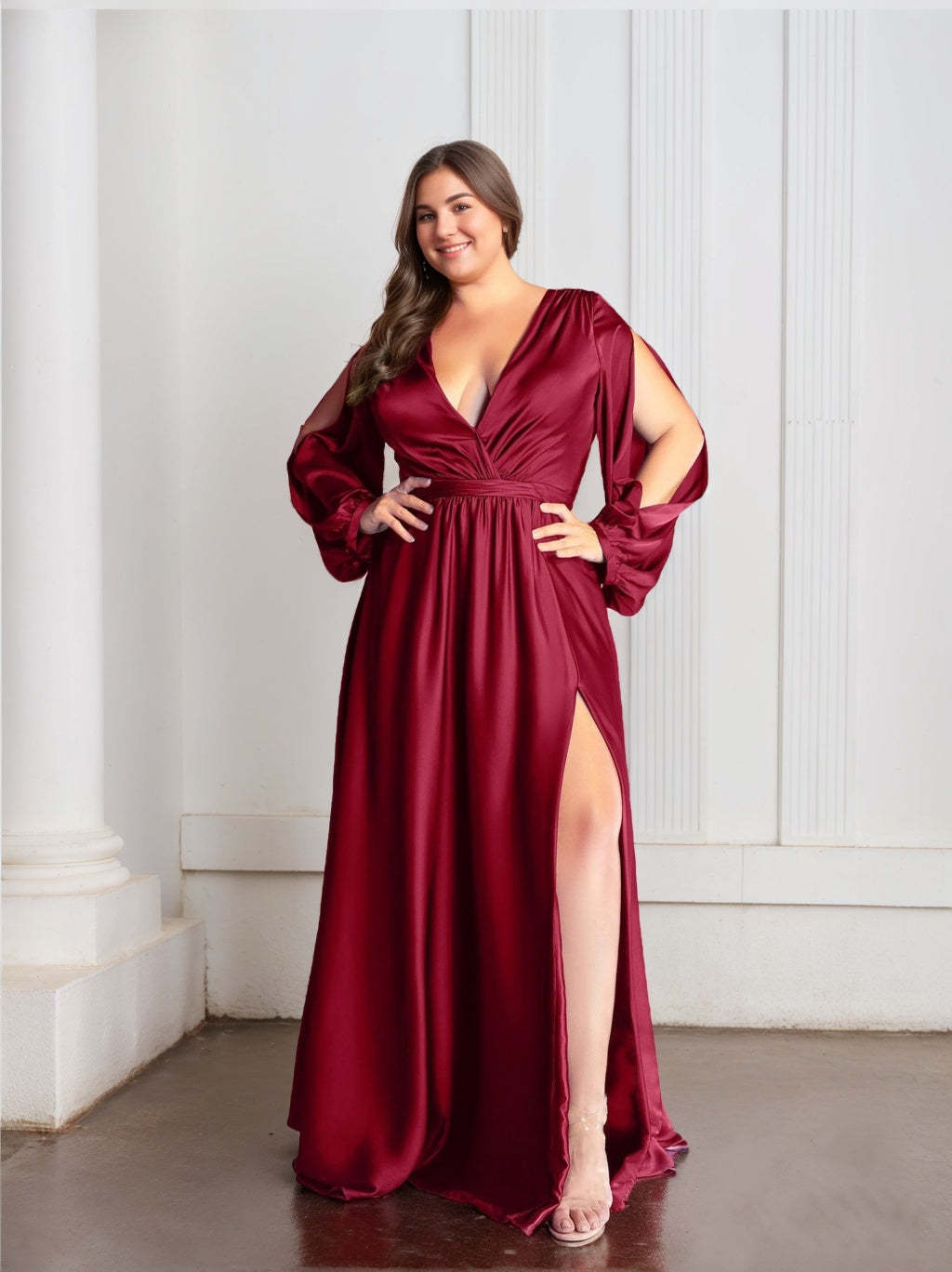 Princess A-Line Floor-Length Plus Size Prom Dress with Deep V-Neck Long Sleeves Ruffles and Side Split-BMbridal.UK