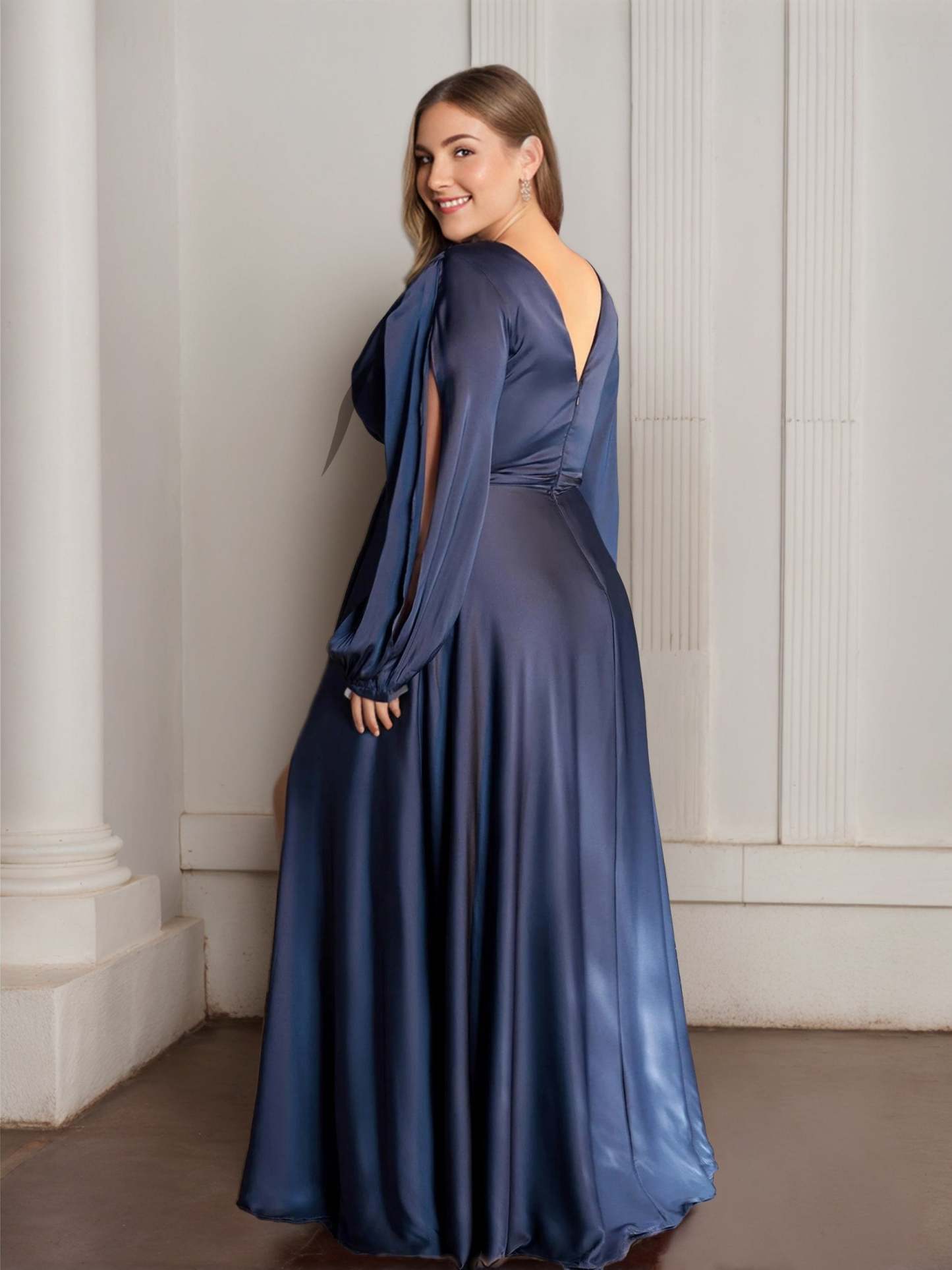 Princess A-Line Floor-Length Plus Size Prom Dress with Deep V-Neck Long Sleeves Ruffles and Side Split-BMbridal.UK