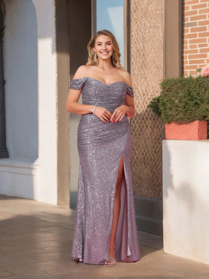Plus Size Mermaid/Trumpet Prom Dress with Off-the-Shoulder Neckline Side Split and Floor-Length Sequined Design-BMbridal.UK
