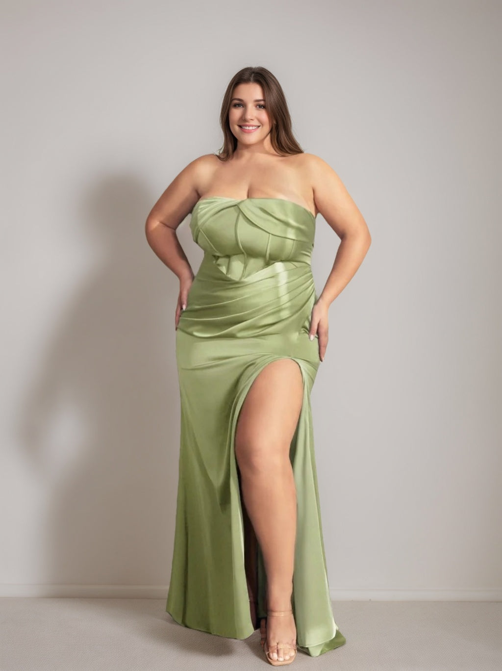 Strapless Sleeveless Plus Size Floor-Length Prom Dress with Side Split and Ruffles