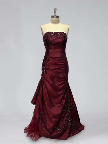 Strapless Sleeveless Floor-Length Taffeta Prom Dress with Ruffles Embroidery & Beadings in Trumpet/Mermaid Style-BMbridal.UK