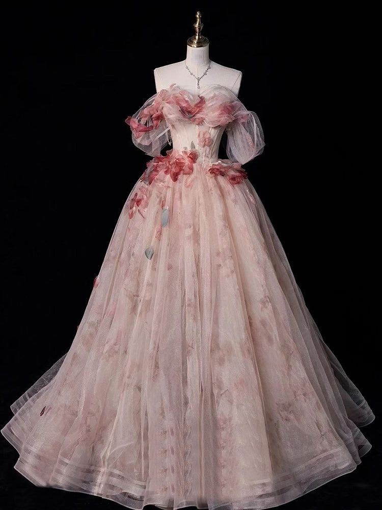 Off-The-Shoulder Sleeveless Floral Ball Gown with Flowers Floor-length Prom Dress