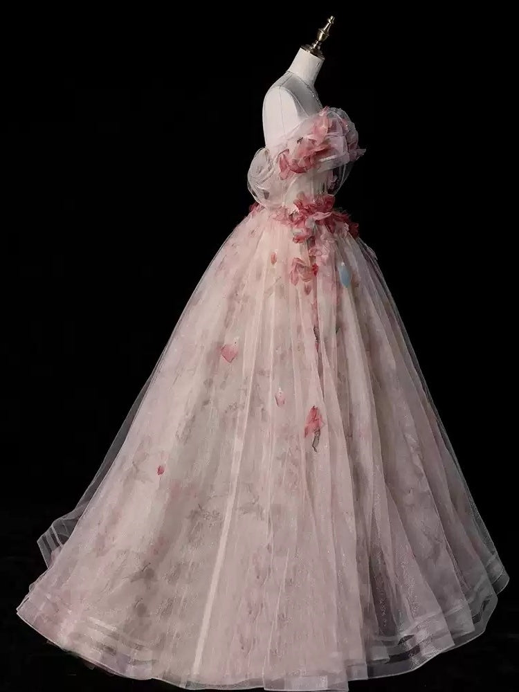 Off-The-Shoulder Sleeveless Floral Ball Gown with Flowers Floor-length Prom Dress