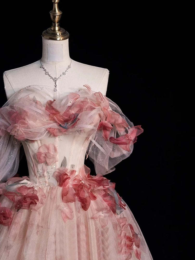 Off-The-Shoulder Sleeveless Floral Ball Gown with Flowers for Prom