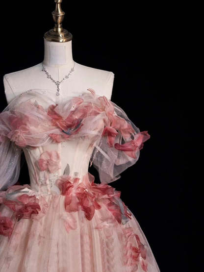 Off-The-Shoulder Sleeveless Floral Ball Gown with Flowers for Prom