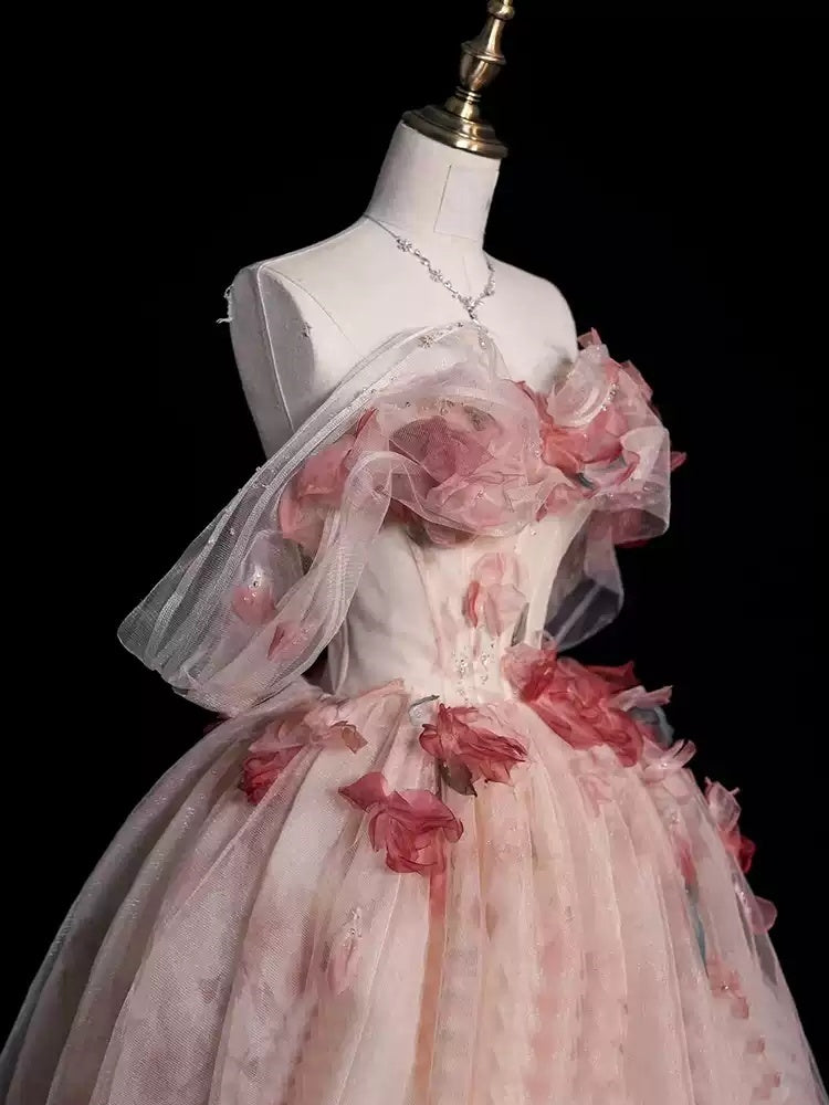 Off-The-Shoulder Sleeveless Floral Ball Gown with Flowers for Prom