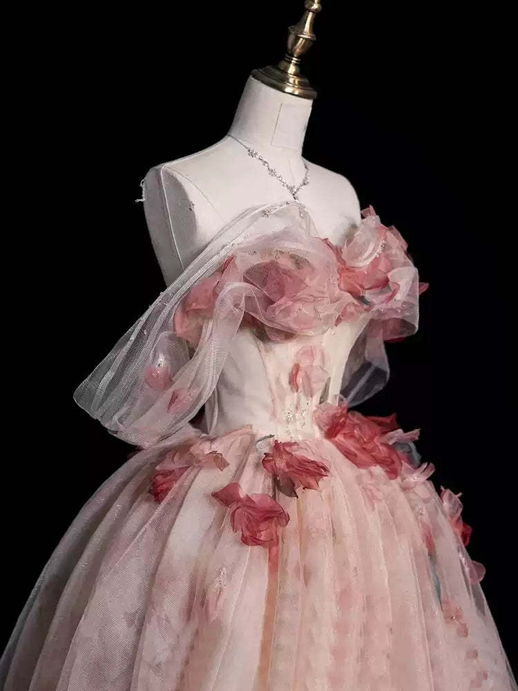 Off-The-Shoulder Sleeveless Floral Ball Gown with Flowers for Prom