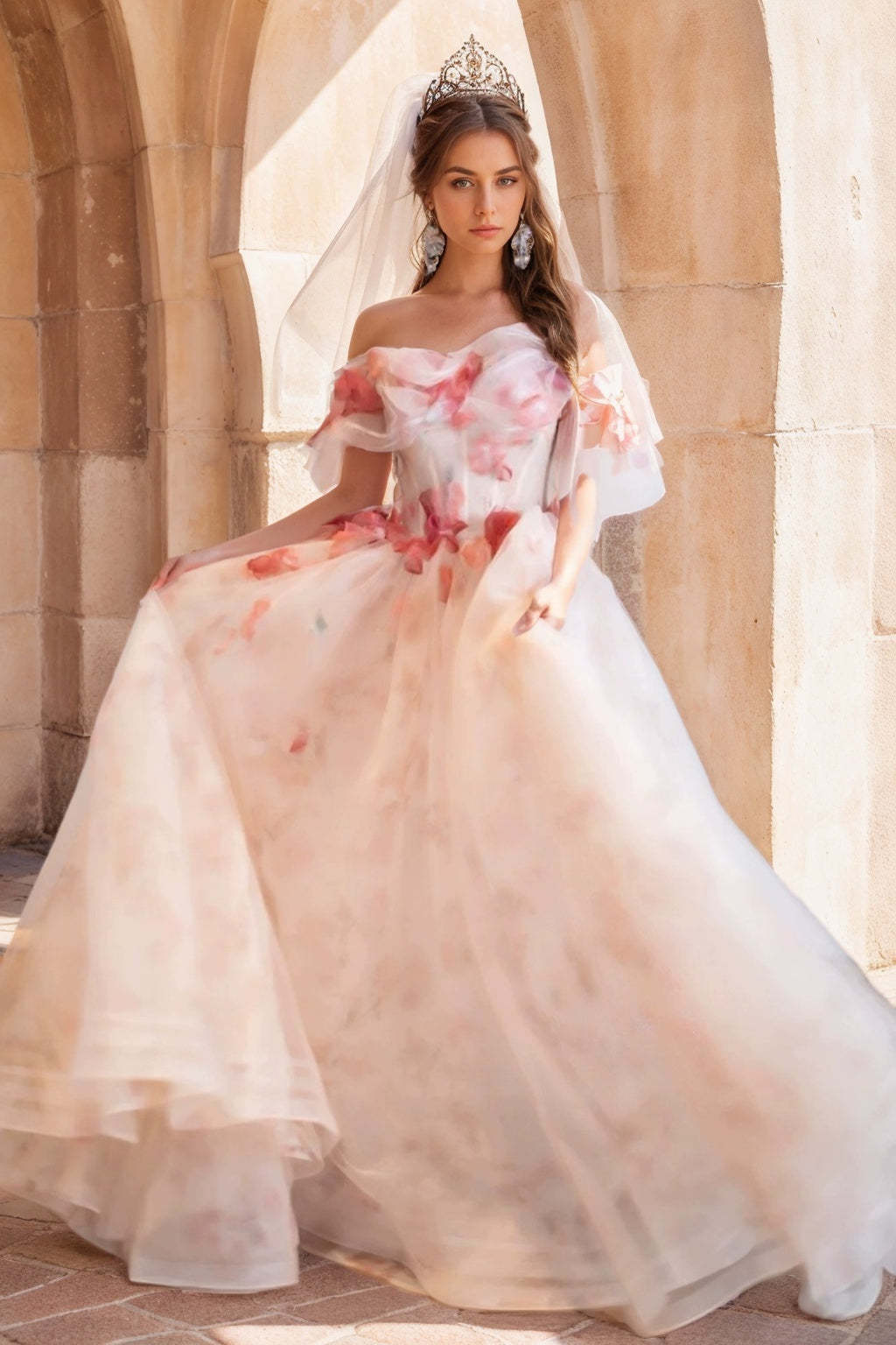 Off-The-Shoulder Sleeveless Floral Ball Gown with Flowers for Prom