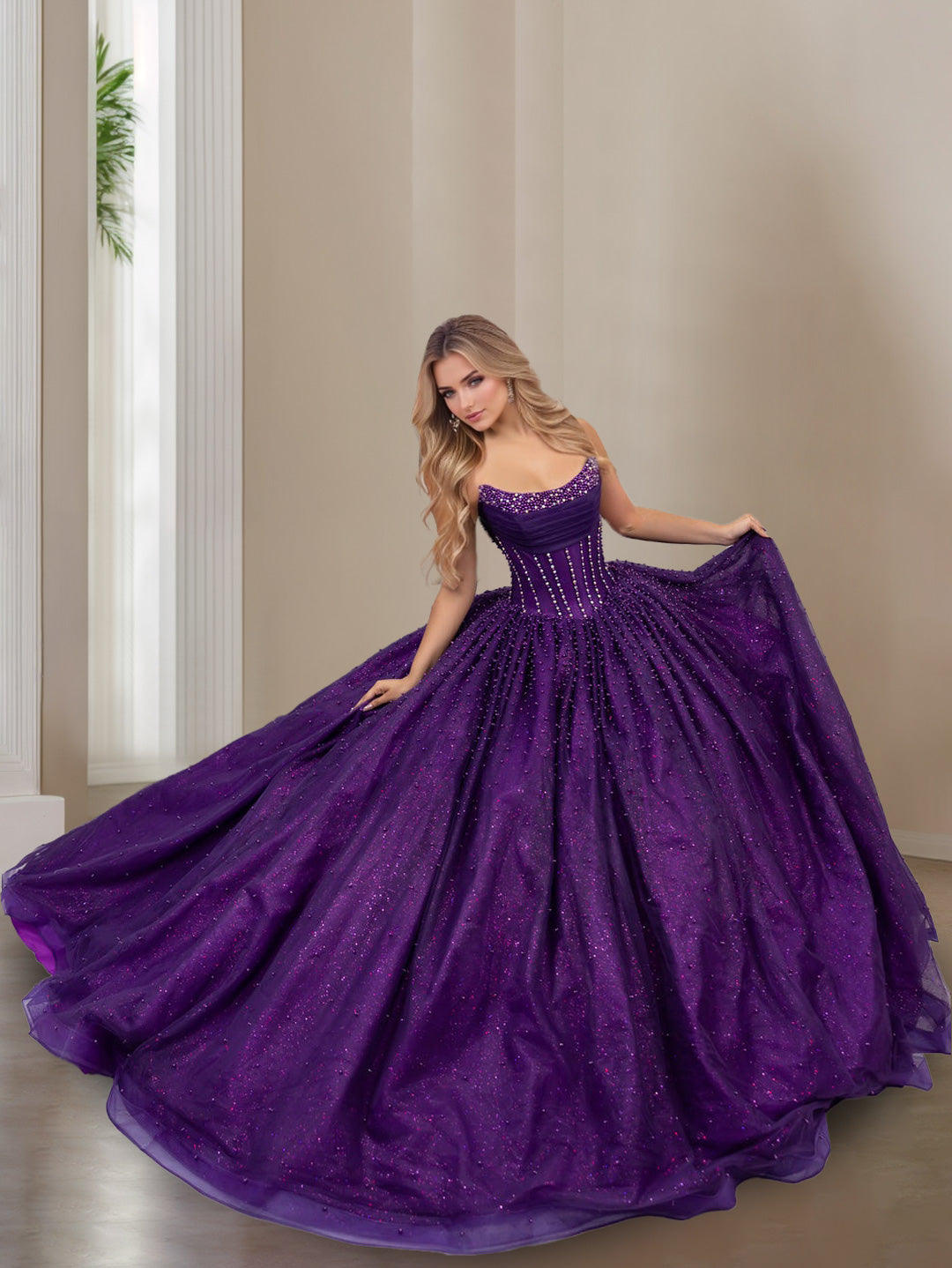Sweetheart Sleeveless Ball Gown with Pearls in Floor-length Prom Dress