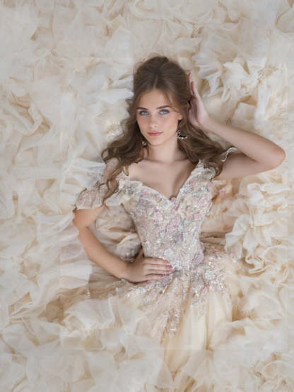 Sweetheart Sleeveless Ball Gown in Long Tulle with Lace Appliques for Prom