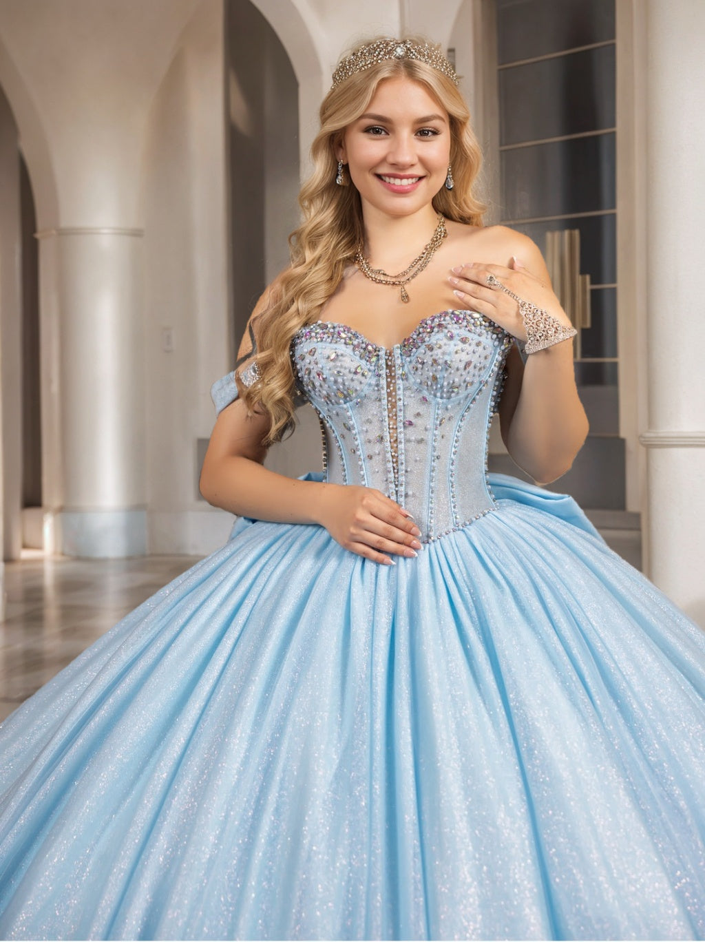 Off-the-Shoulder Sleeveless Ball Gown in Long Tulle with Sequins for Prom