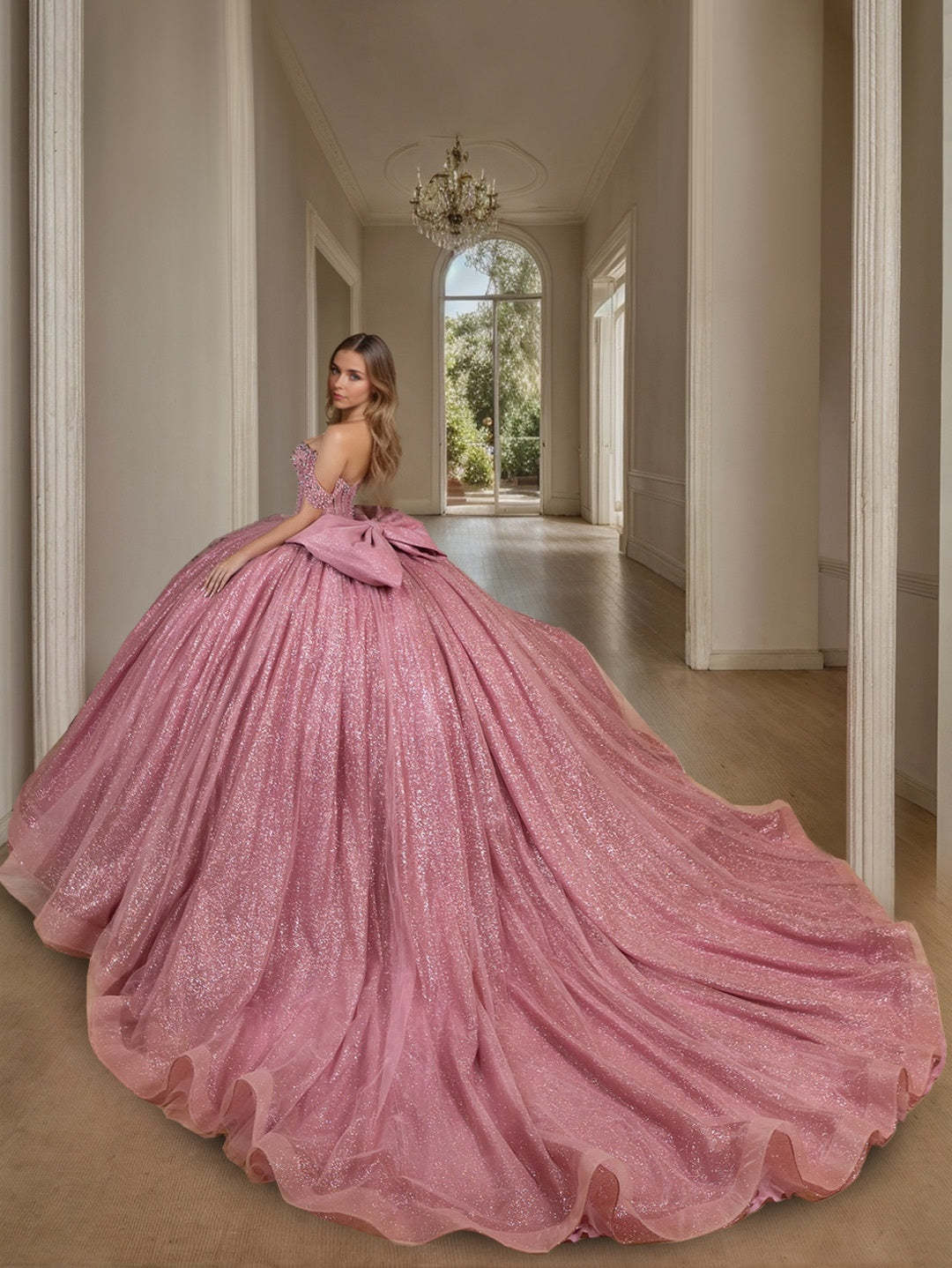 Off-the-Shoulder Sleeveless Ball Gown in Long Tulle with Sequins for Prom