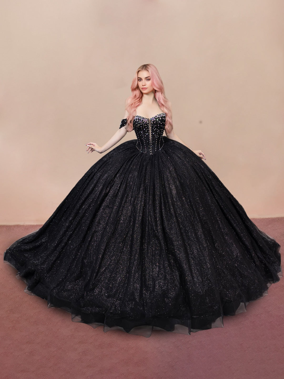 Off-the-Shoulder Sleeveless Ball Gown in Long Tulle with Sequins for Prom