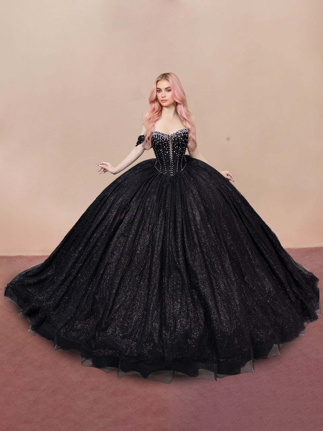 Off-the-Shoulder Sleeveless Ball Gown in Long Tulle with Sequins for Prom