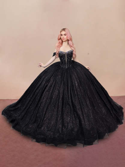 Off-the-Shoulder Sleeveless Ball Gown in Long Tulle with Sequins for Prom