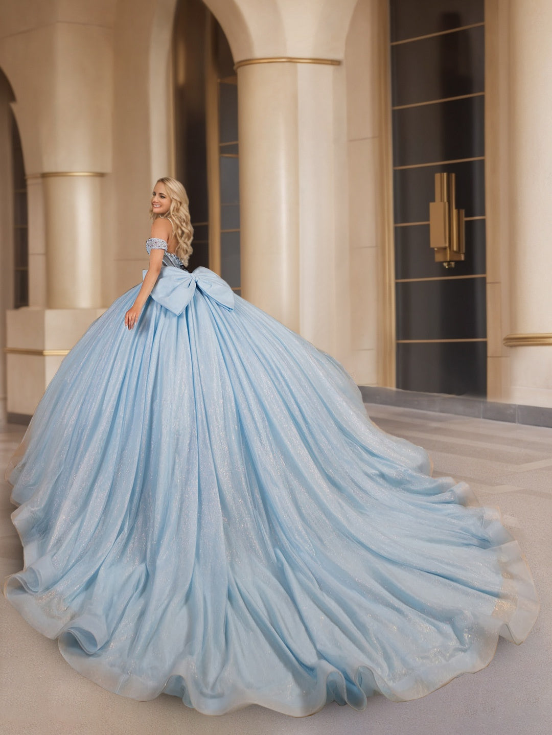 Off-the-Shoulder Sleeveless Ball Gown in Long Tulle with Sequins for Prom